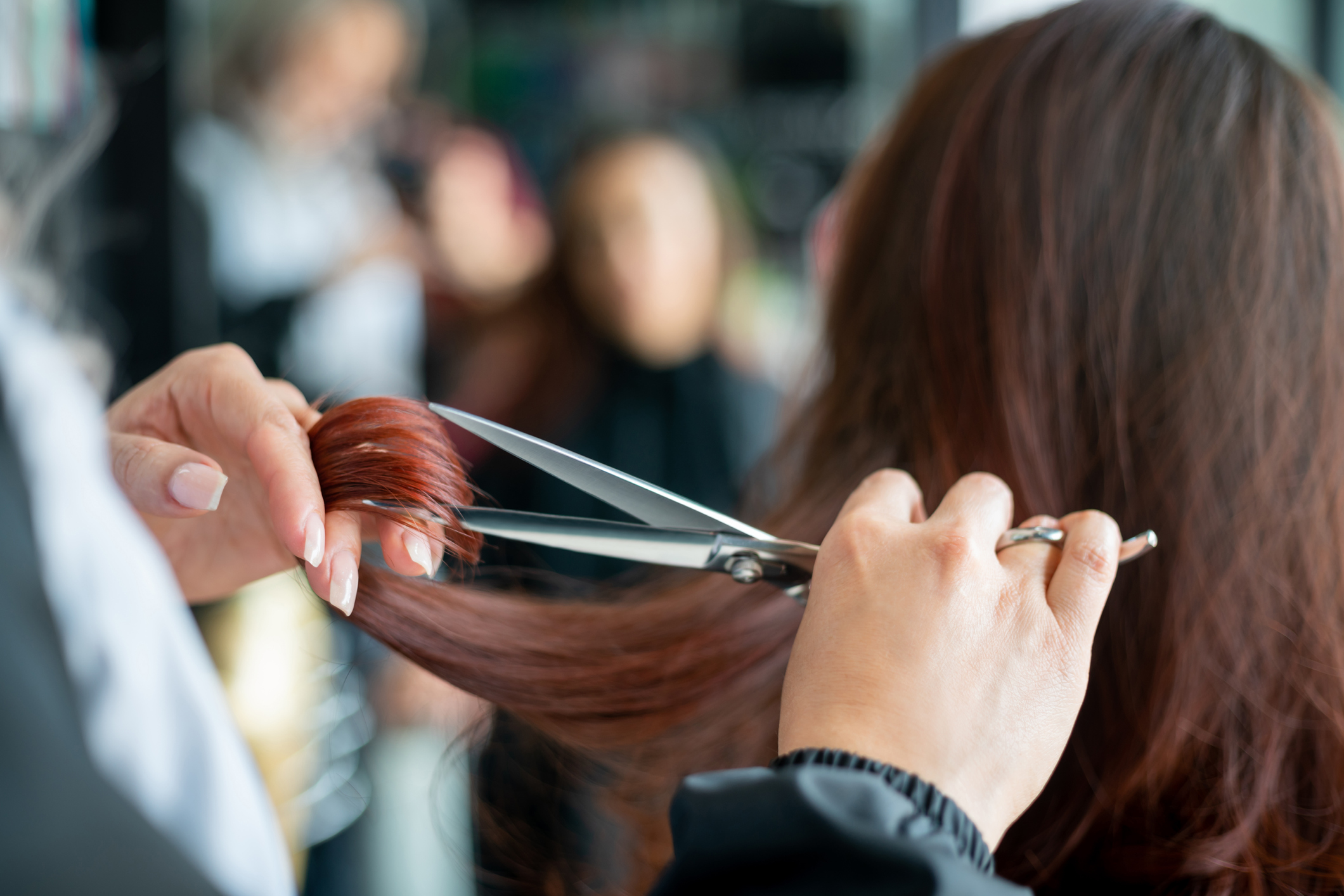 Close up of unrecognizable hairdresser cutting a female customerâs hair Close up of unrecognizable hairdresser cutting a female customerâs hair